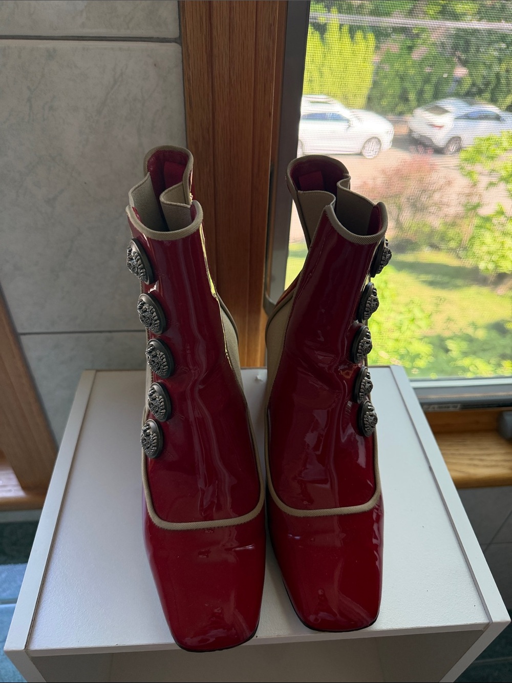 Dolce & Gabbana Patent Leather Red Button-Front Ankle Boots
